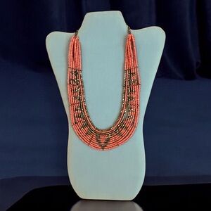 Anthropologie Statement Necklace. Coral and gold seed bead tribal necklace.